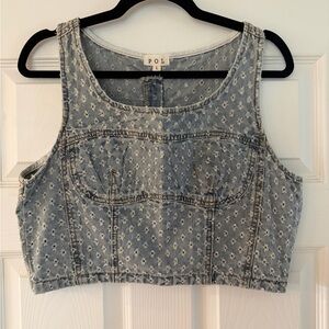 POL Blue Corset Denim Crop Top W/ Tiny Distressed Hole Design & Back Zip Detail